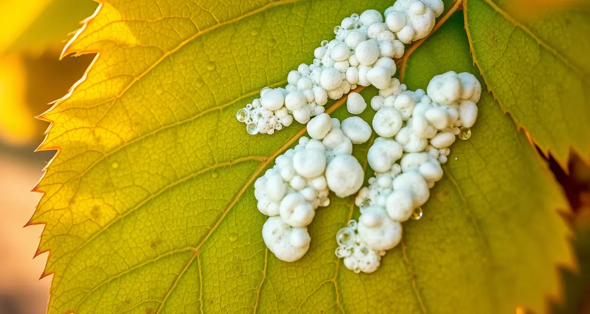 Downy Mildew Fungal Growth on Grapevine Leaf Grapevine leaf with white cottony downy mildew sporulation visible on underside, showing characteristic fungal growth pattern for vineyard disease identification