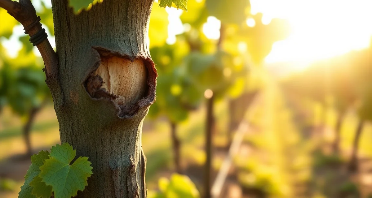 Eutypa dieback disease identification on grapevine Grapevine pruning wound showing eutypa dieback symptoms on vineyard trunk in professional vineyard management context