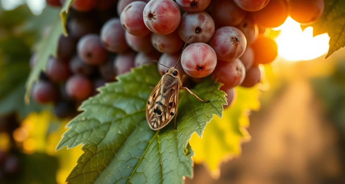 Grape berry moth identification in vineyard IPM Grape berry moth pest on vineyard grapevine leaf with berry cluster, illustrating integrated pest management monitoring for eastern US vineyards