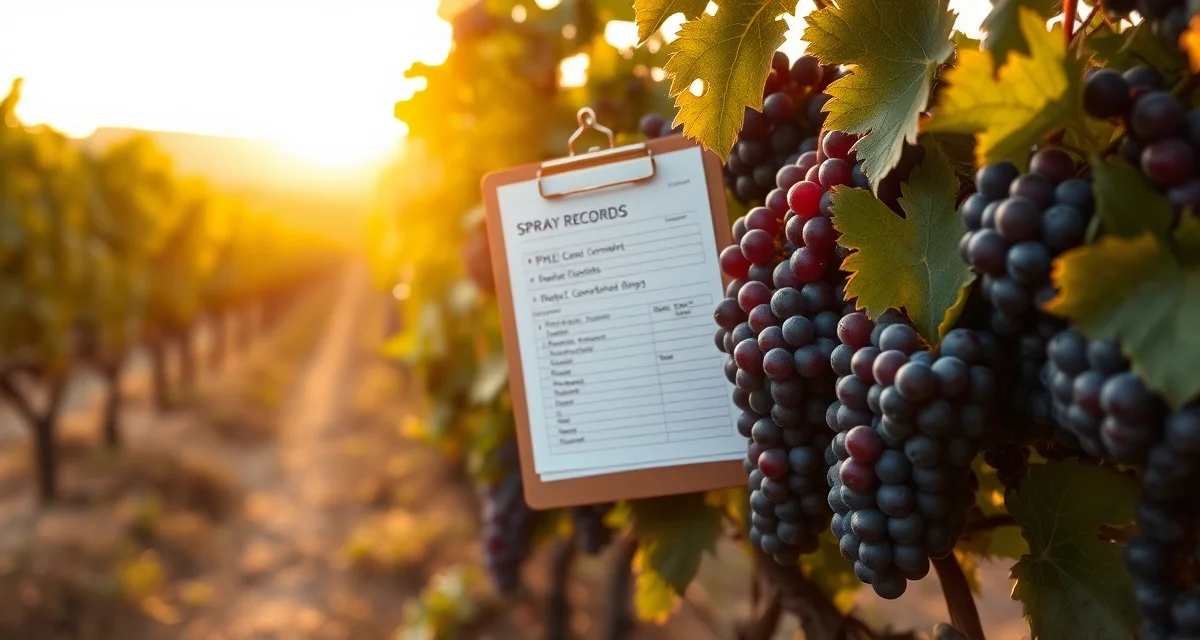 PHI compliance documentation for harvest timing decisions Vineyard harvest timing with PHI compliance records and ripe grape clusters ready for verified spraying verification