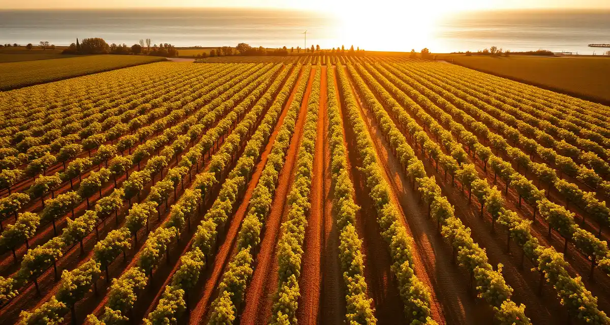 Michigan cold-climate vineyard landscape Aerial view of Michigan vineyard with organized grapevine rows and Lake Michigan shoreline in background