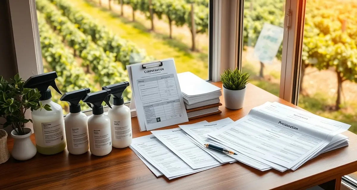 MRL compliance documentation for vineyard spray records Organized vineyard spray records and MRL compliance documentation displayed on desk with vineyard background
