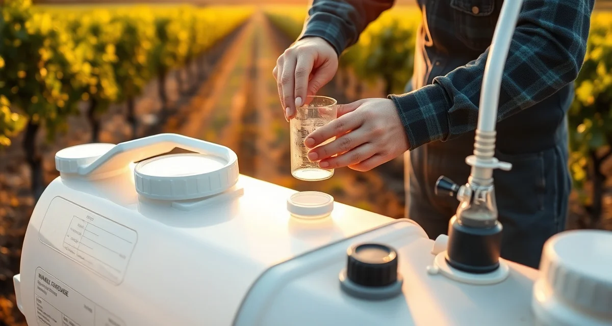 Proper pesticide measurement and tank mixing for vineyard disease control Vineyard pesticide rate calculator showing proper mixing and measurement techniques for accurate pesticide application in wine grape management
