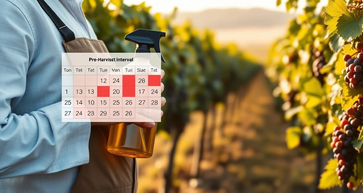 Pre-harvest interval compliance in vineyard management Vineyard manager reviewing PHI pre-harvest interval calendar before final pesticide application on grapevines