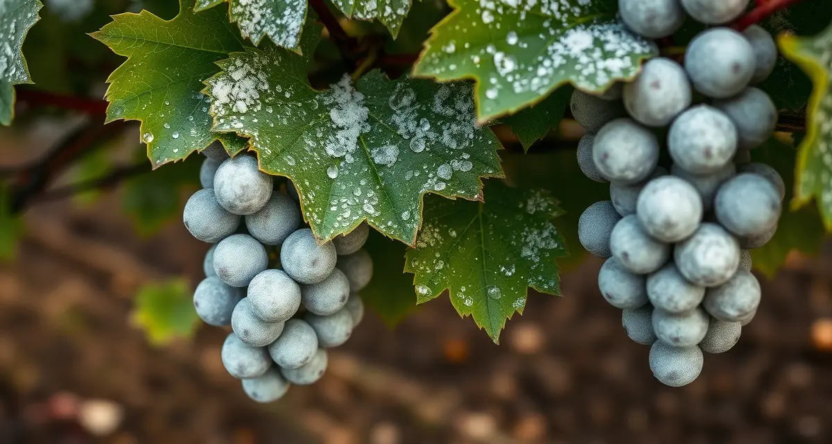 Disease management in cool climate viticulture Powdery mildew fungal growth visible on Pinot Noir grape leaves in Willamette Valley vineyard conditions