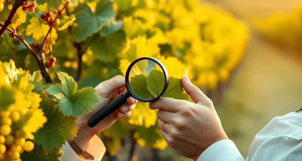 Threshold-based powdery mildew scouting in vineyards Vineyard manager scouting grapevines for powdery mildew during critical bloom to fruit set window for IPM spray decisions