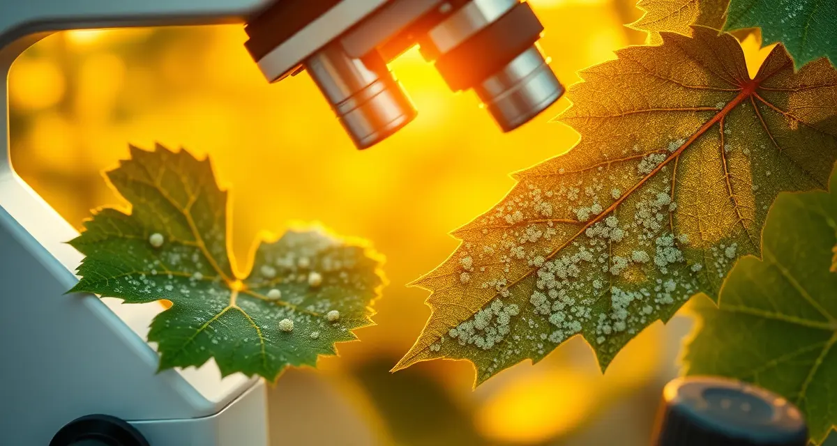 QoI Resistance Testing in Vineyard Powdery Mildew Close-up microscopic view of powdery mildew fungal spores on grapevine leaf demonstrating QoI fungicide resistance patterns
