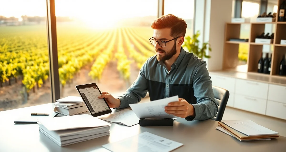 RUP Documentation Compliance for Vineyard Operations Vineyard manager reviewing restricted use pesticide documentation and compliance records for winery management