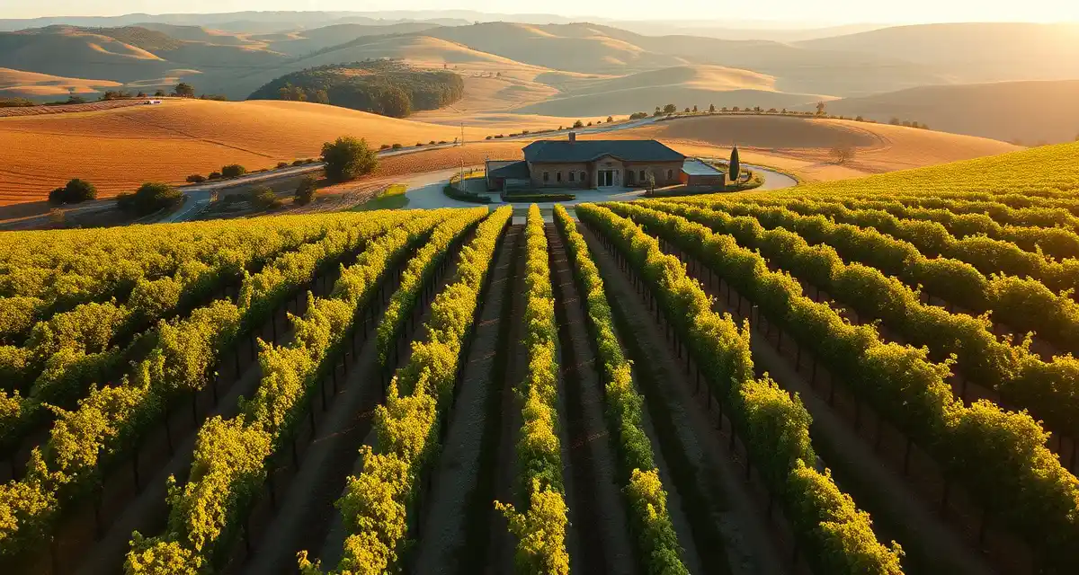Boutique vineyard landscape for winery management comparison Small vineyard with organized grape rows and winery building, representing affordable management software solutions for small vineyards