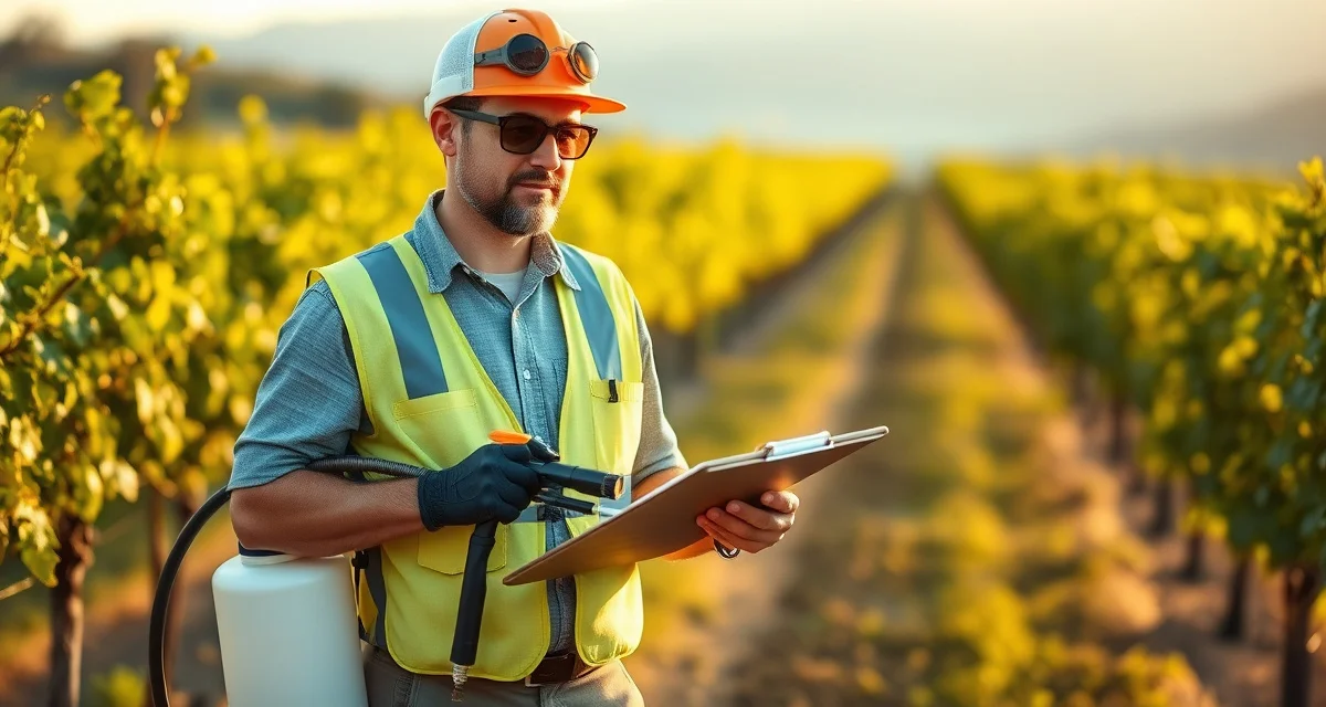 Pesticide applicator compliance documentation Vineyard spray applicator with license documentation and pesticide application equipment in California vineyard setting