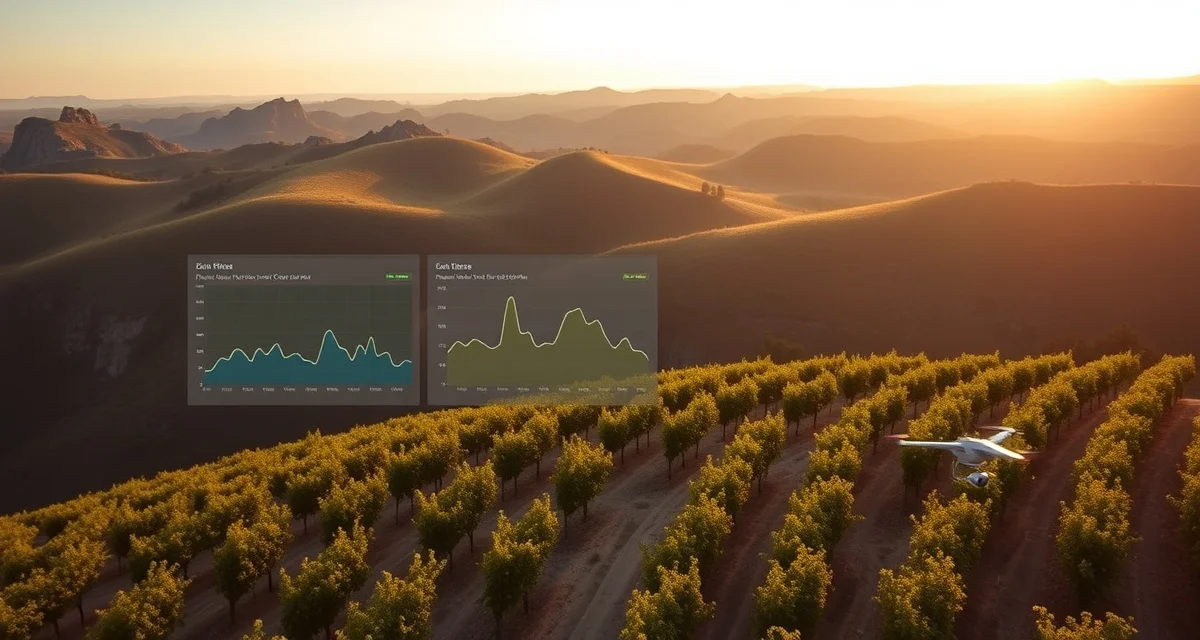 Vineyard disease prevention in Texas Hill Country Texas Hill Country vineyard rows with Pierce's disease management monitoring system displayed on digital dashboard interface