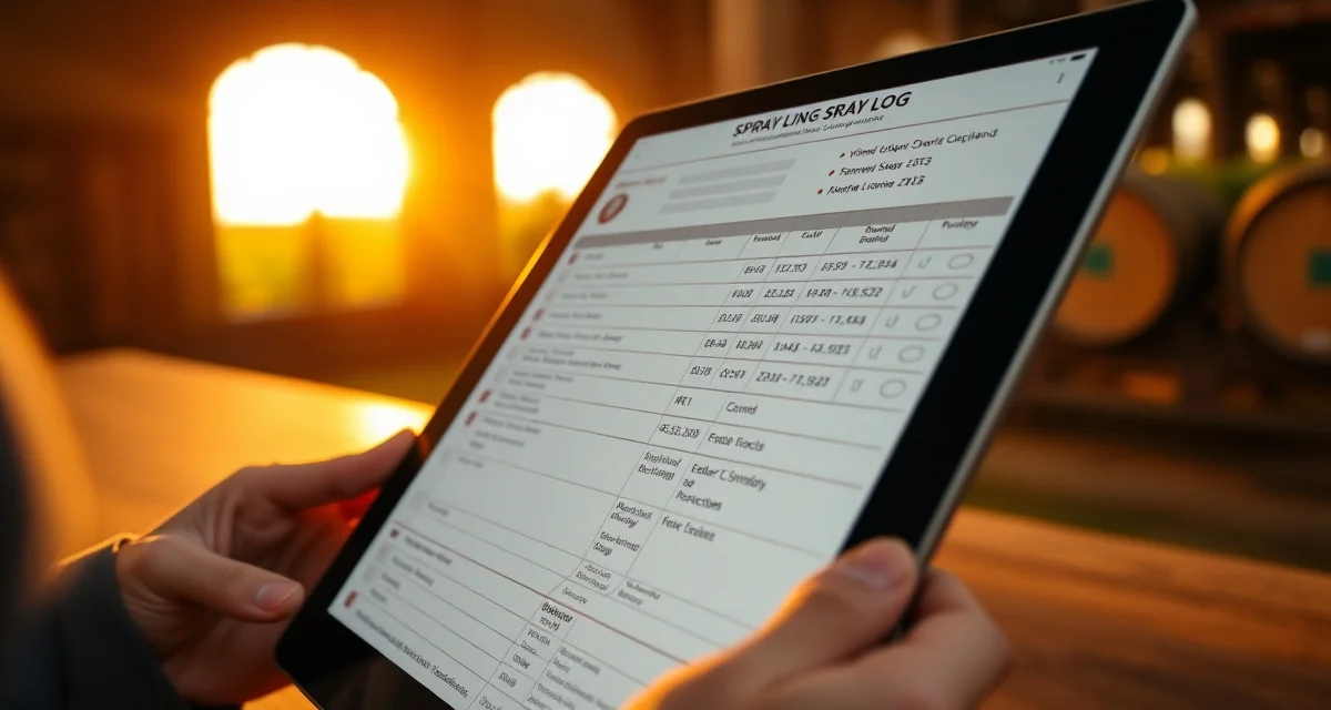TTB Compliance Documentation System Digital spray log records on tablet showing TTB-compliant pesticide documentation with timestamps for bonded winery federal audits