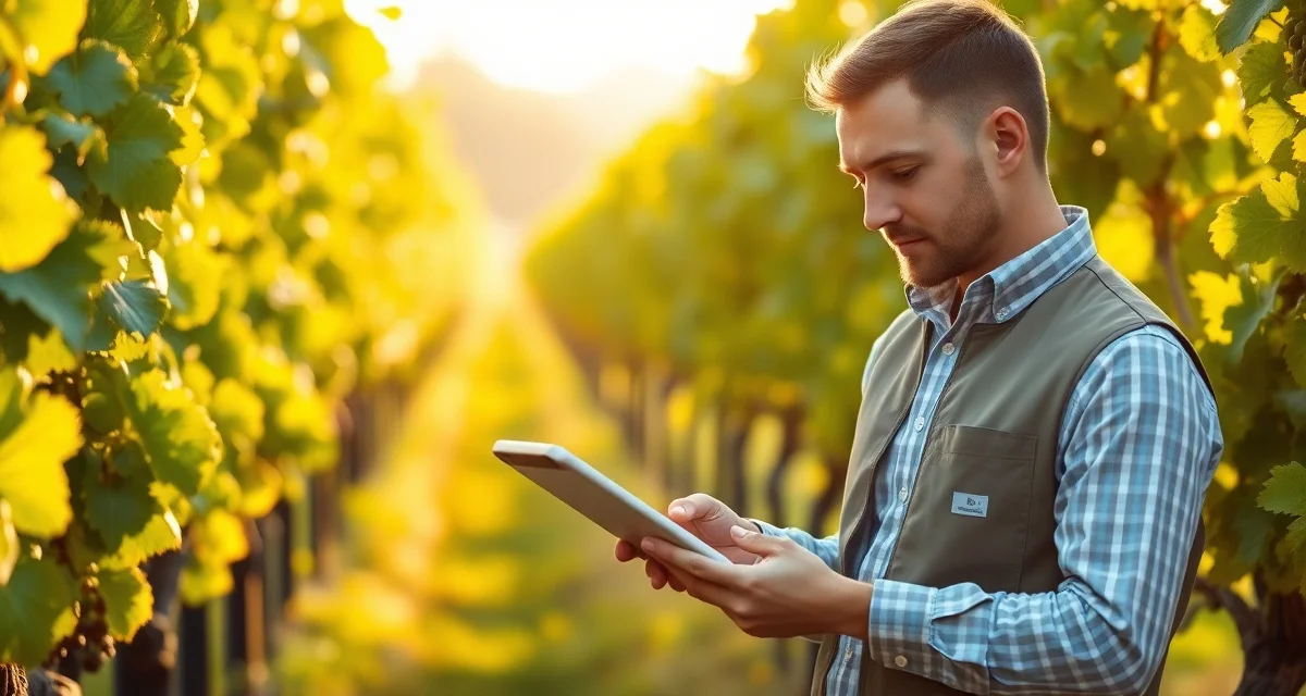 IPM Block Scouting Records for Vineyards Vineyard manager using digital block scouting template on tablet to monitor pest and disease management in grapevine rows