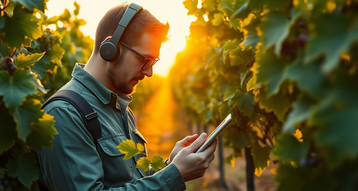 IPM scouting and pest monitoring in vineyard Vineyard IPM scouting technician monitoring grapevines for integrated pest management using digital tools