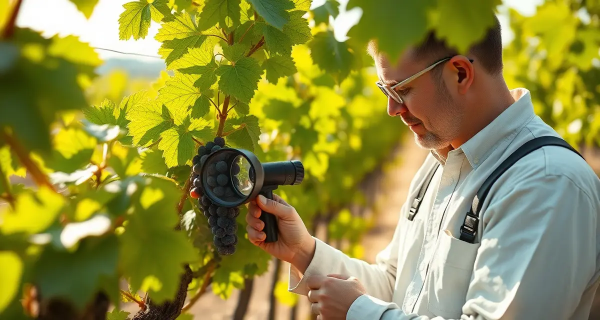 IPM pest monitoring in vineyard Vineyard IPM program monitoring showing integrated pest management inspection of grapevines for sustainable winery management
