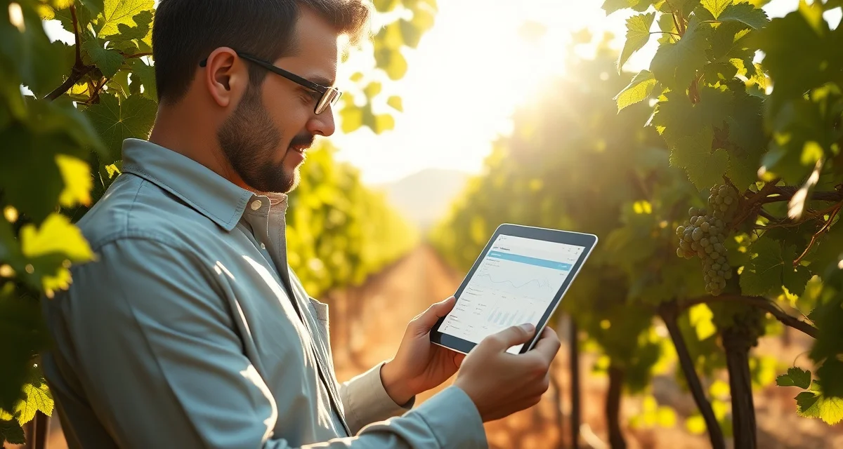 Digital IPM management in vineyard operations Vineyard manager using VitiScribe IPM software on tablet to monitor pest management program in California vineyard.