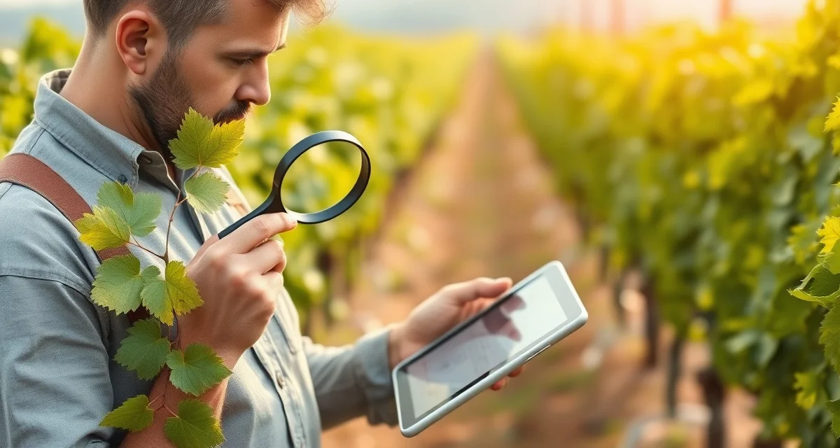 IPM pest identification field documentation Vineyard manager documenting pest identification records on a tablet while inspecting grapevines for integrated pest management compliance
