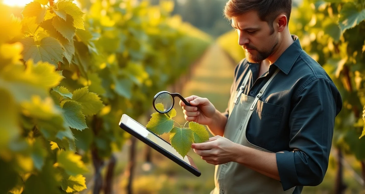 Smart pest threshold monitoring for precision vineyard management Vineyard manager monitoring pest threshold alerts using digital tools to determine precise spray timing in sustainable IPM program.