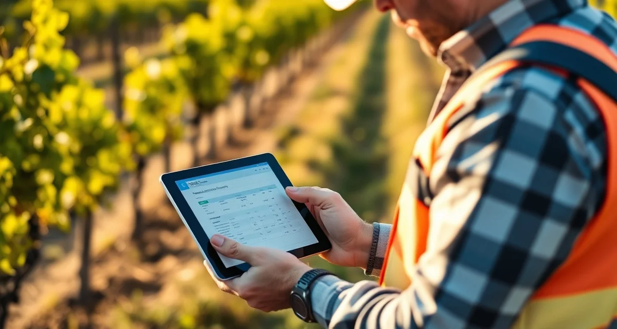 Digital spray log inspection compliance County agricultural commissioner reviewing vineyard spray logs on mobile device during a pesticide record inspection in the field.