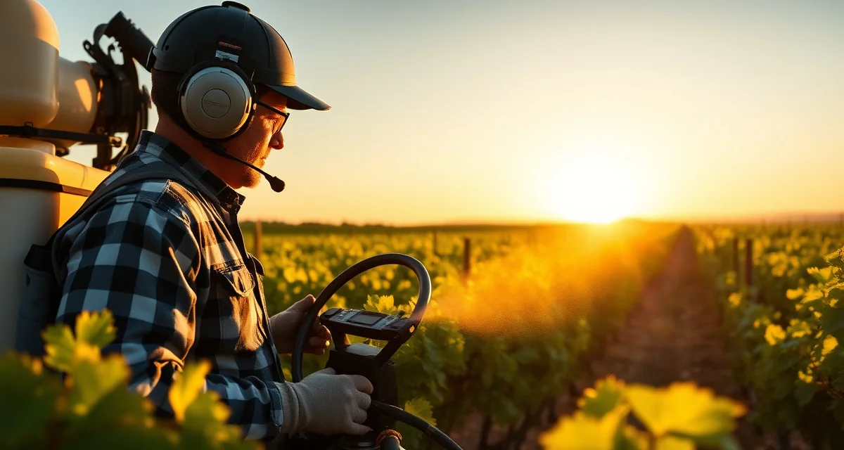 Optimal vineyard spray conditions illustration Vineyard spraying equipment being applied during optimal weather conditions for pest management and disease control