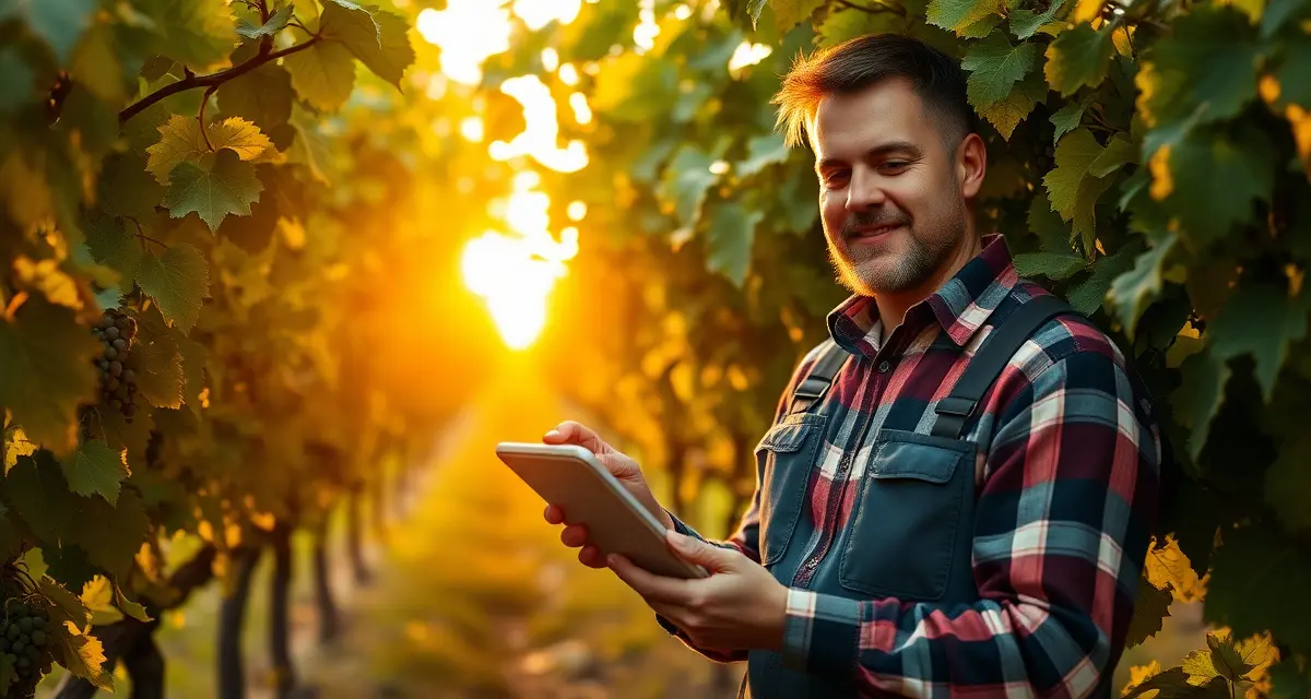 Weather monitoring for compliant vineyard spray documentation Vineyard manager reviewing weather data and spray records on tablet in grapevine rows during pesticide application monitoring.