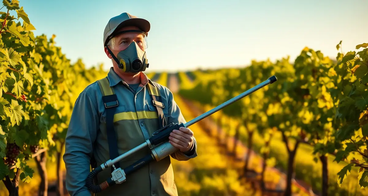 Cal/OSHA Vineyard Safety Compliance Vineyard worker in safety gear conducting pesticide spray operations with proper protective equipment and compliance documentation in background