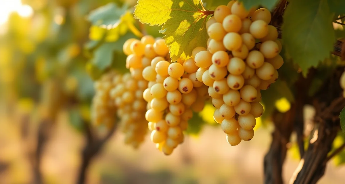 Viognier variety disease management photography Viognier grape clusters showing compact bunches and thin-skinned berries vulnerable to Botrytis during harvest season in vineyard