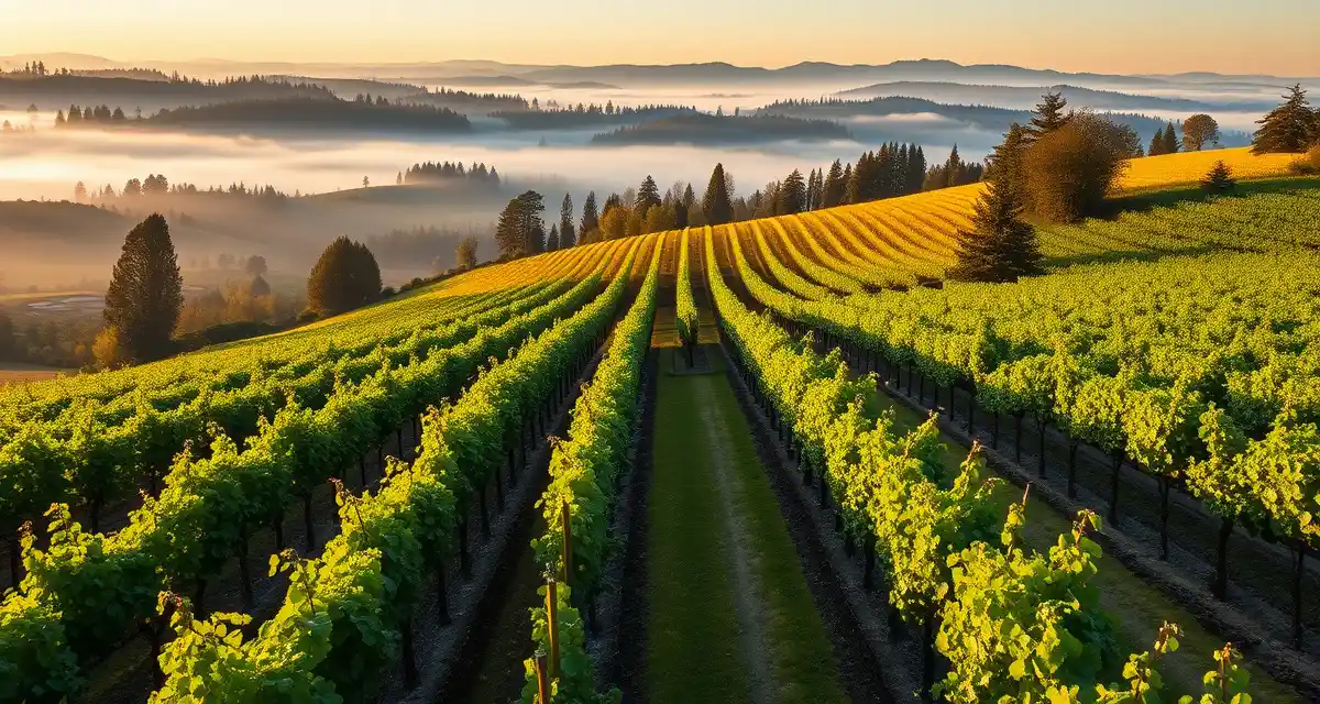 Willamette Valley vineyard spring conditions Willamette Valley vineyard rows with spring moisture and rolling landscape, illustrating regional viticulture management challenges.